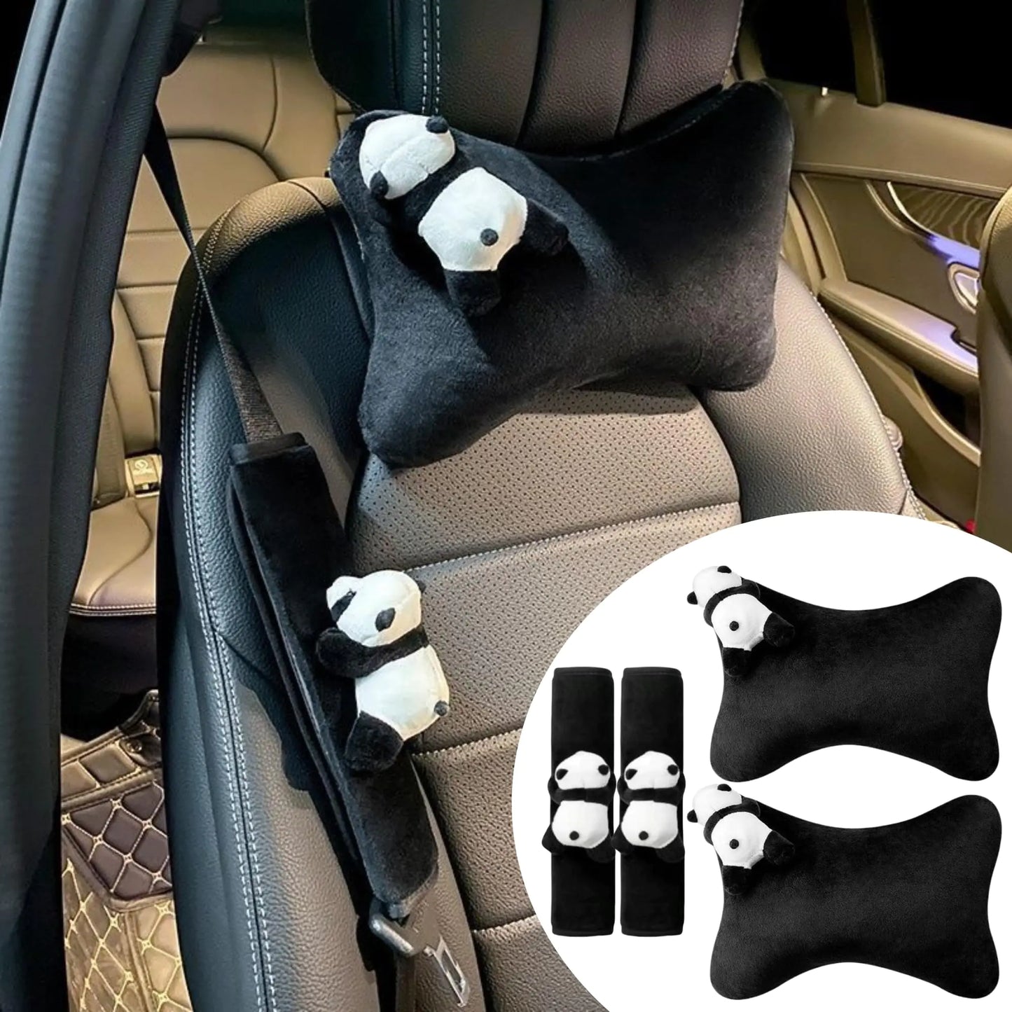 Panda Seat Belt and Headrest Cover Set (2pcs each)